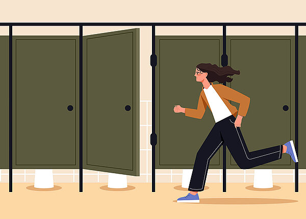 Illustration: Eine Frau rennt auf eine Toilettenkabine zu. 