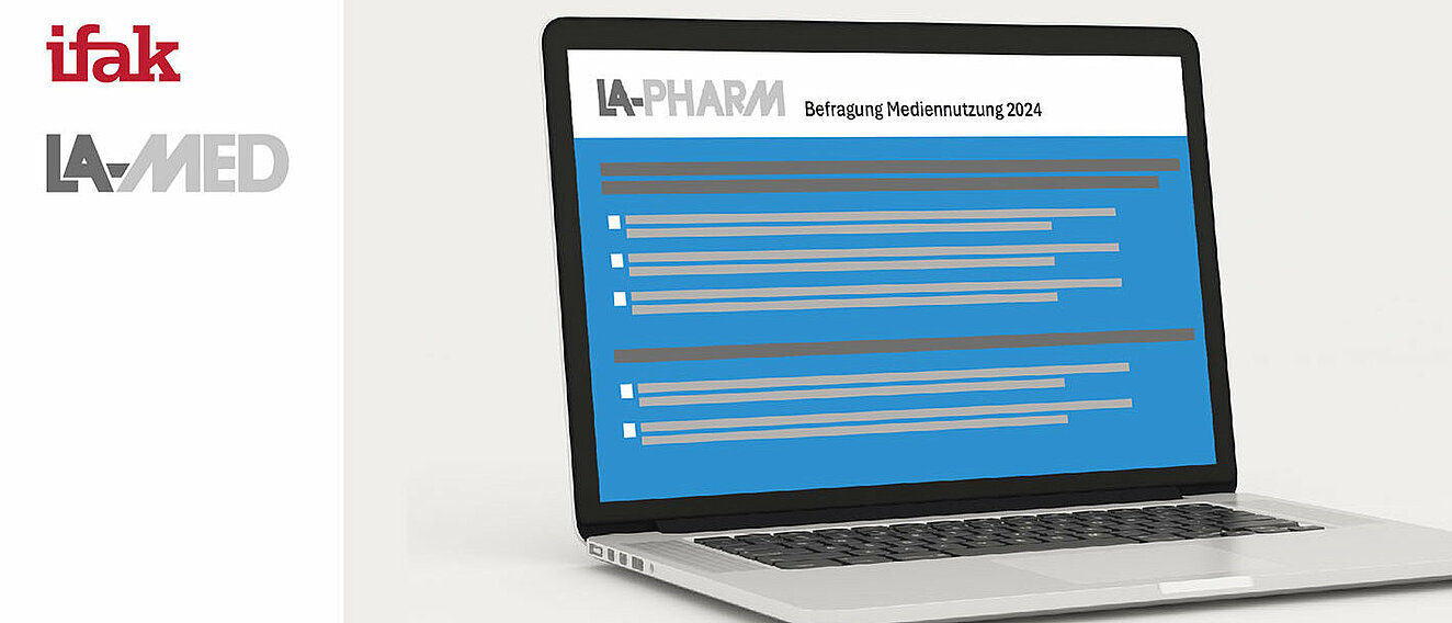 Laptop mit blauem Hintergrund und links nebendran in einem weißen Streifen steht ifak und LA-MED