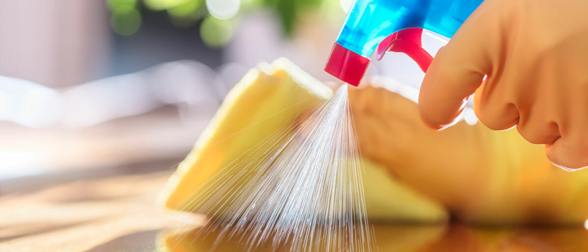 Reinigungsflasche sprueht auf Tisch