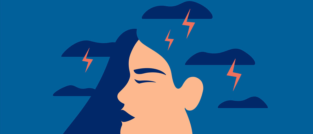 Grafische Darstellung einer Frau in blau mit orangenen Blitzen um ihren Kopf