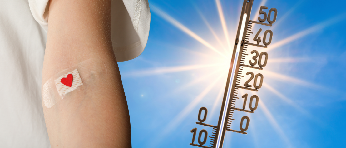 Armbeuge einer Person, die Blut gespendet hat, daneben sie Sonne und ein Thermometer, dessen Anzeige in die Höhe klettert