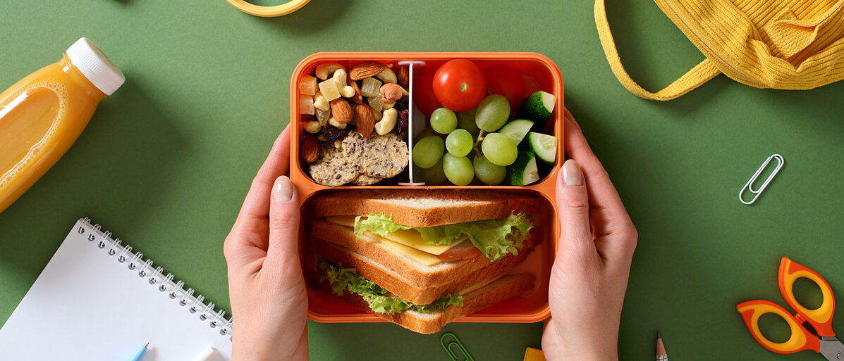 Gesunde Brotbox fĂĽr Kinder Brotbox mit Sandwich, Obst und NĂĽssen in Kinderhand