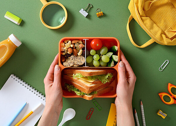 Gesunde Brotbox für Kinder Brotbox mit Sandwich, Obst und Nüssen in Kinderhand