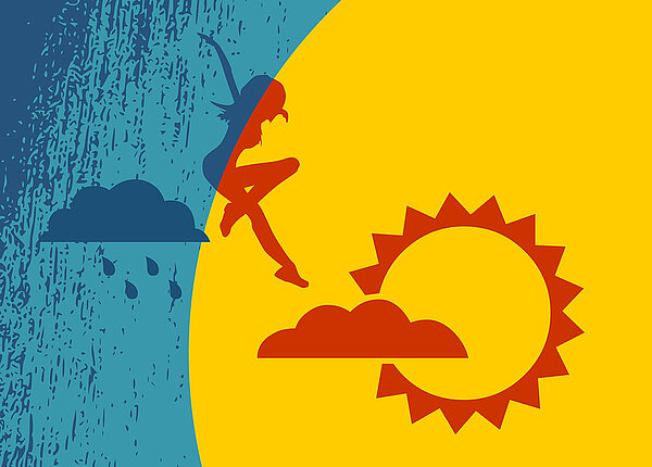 Bunte Graphik. Links blau dargestellt, Wolken und Regentropfen, in der Mitte überschneidend eine Silhouette einer Frau und rechte gelblich dargestellt Sonne und Wolken