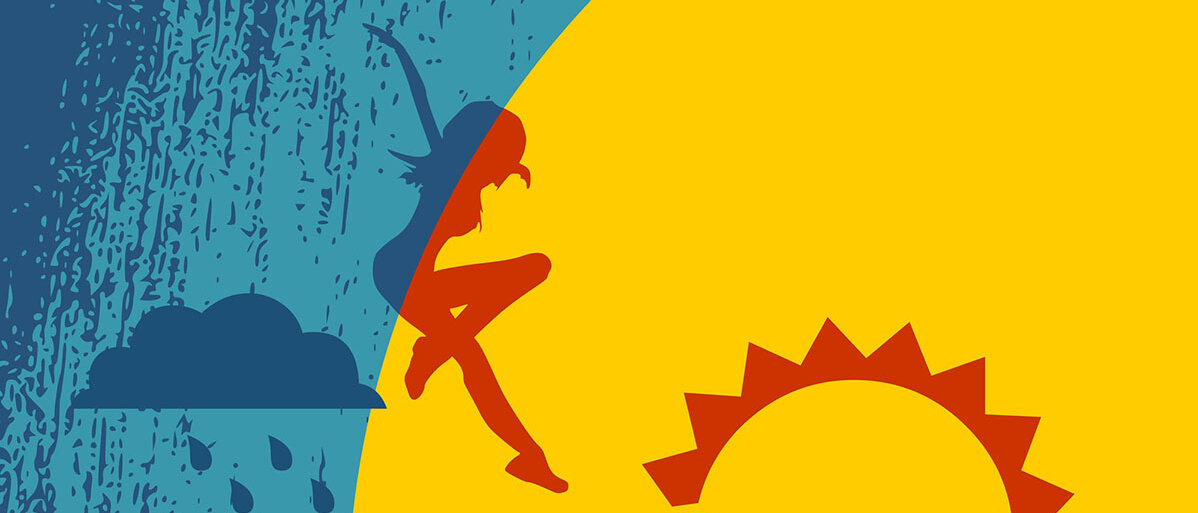 Symptome und Tipps bei Wetterfühligkeit Bunte Graphik. Links blau dargestellt, Wolken und Regentropfen, in der Mitte überschneidend eine Silhouette einer Frau und rechte gelblich dargestellt Sonne und Wolken
