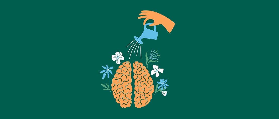 Eine Illustration eines Gehirns. Um das Gehirn herum sind verschiedene Blüten angeordnet. Eine Hand gießt das Gehirn mit einer Gießkanne. 