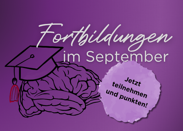Illustration eines Gehirns mit Absolventenhut, daneben der Schriftzug „Fortbildungen im September“; dazu ein Button auf dem „Jetzt teilnehmen und punkten!“ steht.