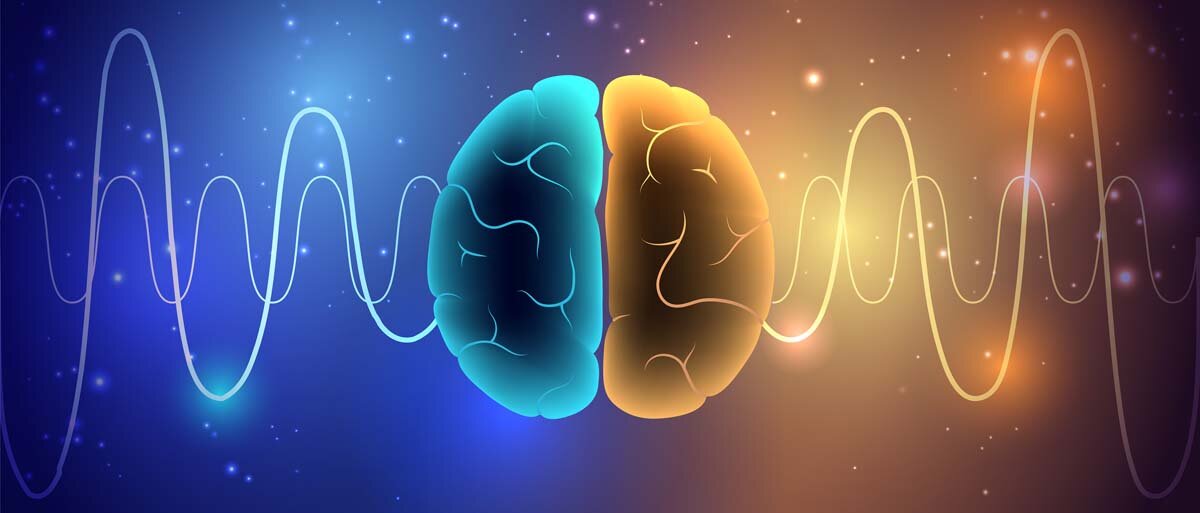 3D-Darstellung von Gehirnwellen. Gehirnhälften sind in blau und orange eingefärbt
