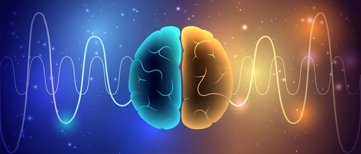 3D-Darstellung von Gehirnwellen. Gehirnhälften sind in blau und orange eingefärbt