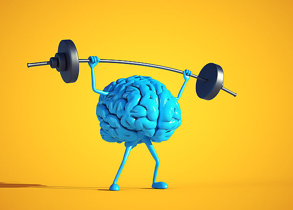 gelber Hintergrund: Gehirn wird blau dargestellt und stemmt oberhalb eine Langhantelstange
