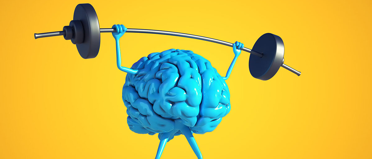 gelber Hintergrund: Gehirn wird blau dargestellt und stemmt oberhalb eine Langhantelstange
