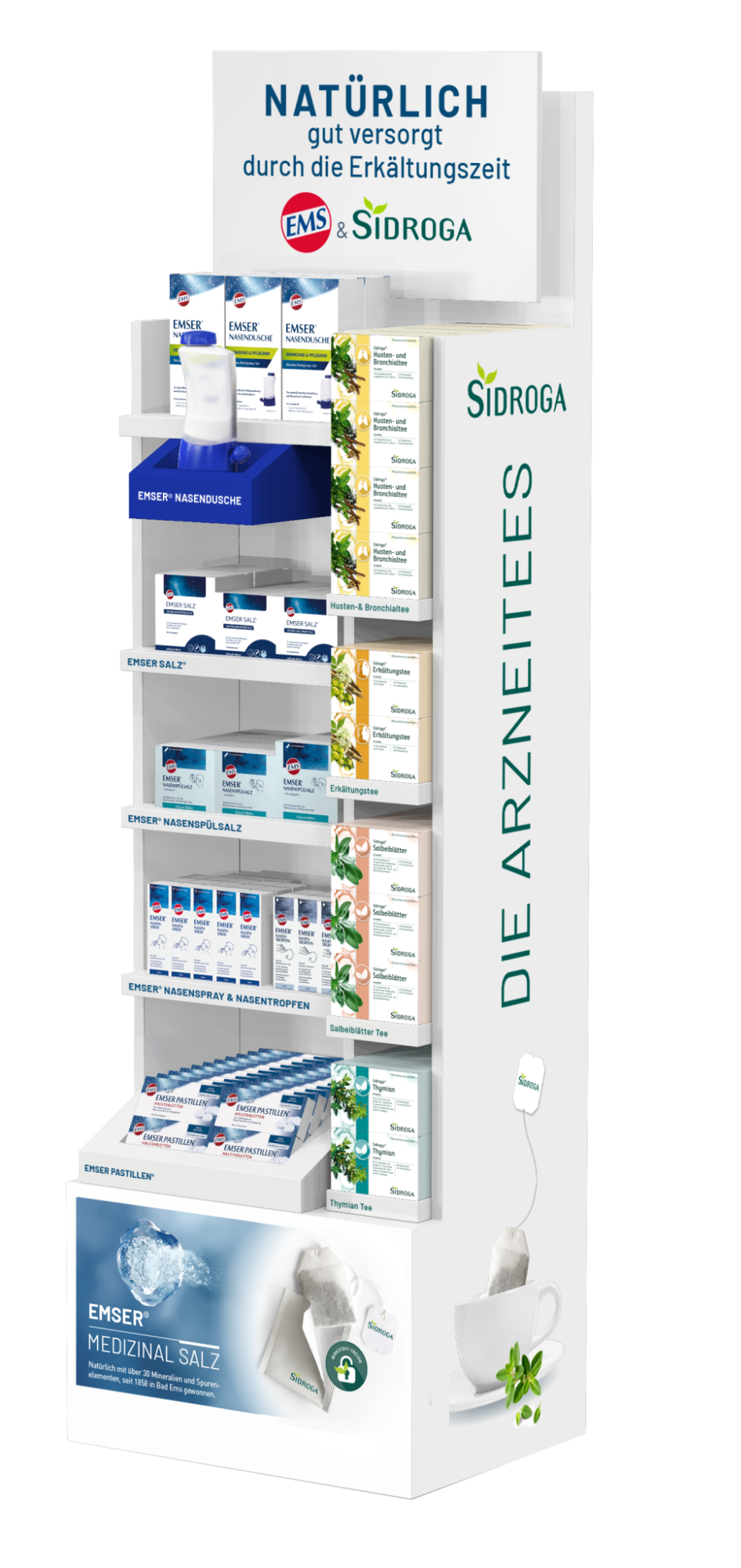 Aufsteller Emser und Sidroga Produktportfolio