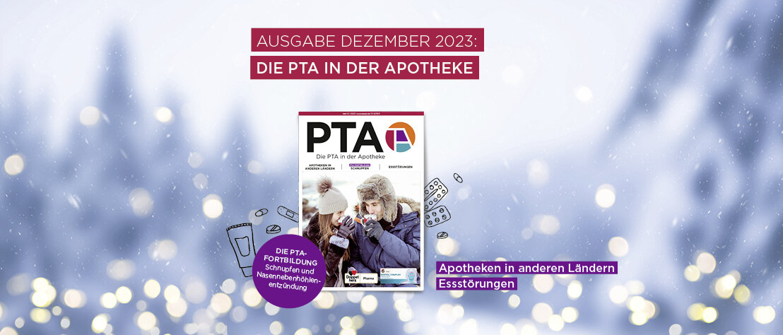 Das Heft-Cover der Dezember-Ausgabe von DIE PTA IN DER APOTHEKE. Ein Mann und eine Frau sind winterlich warm angezogen und trinken im Schnee ein dampfendes Getränk aus einer Tasse.