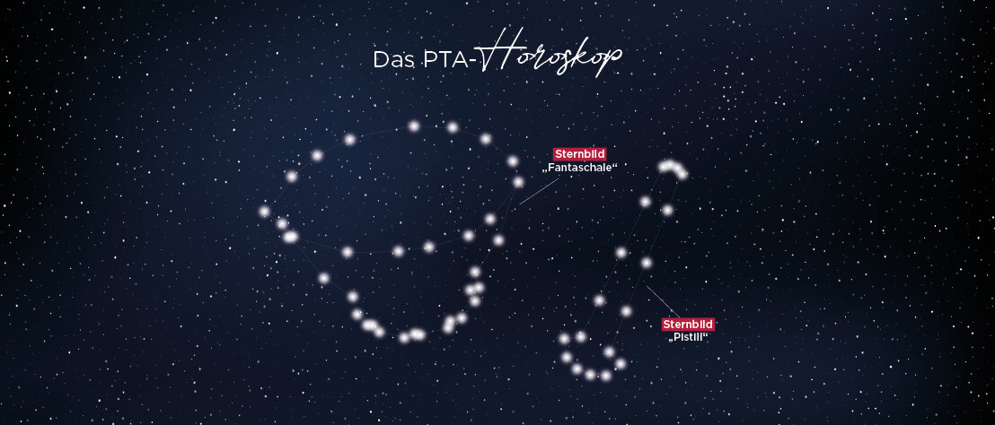 Ein Sternhimmel, auf dem zwei Sternbilder markiert und beschriftet sind: "Fantaschale" und "Pistill". Darüber steht: "Das PTA-Horoskop"