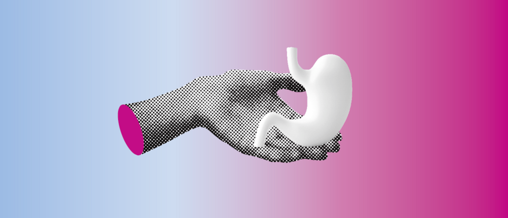 Collage: Eine Hand hält präsentierend einen Magen.