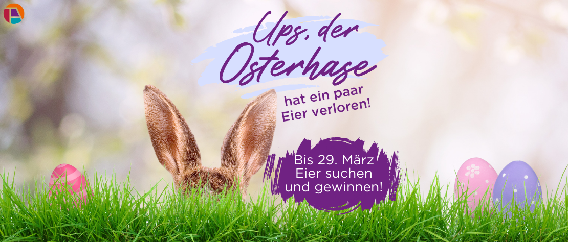 Oster Gewinnspiel für PTA Osterhasenohren und bunte Eier im Gras. Schrift: Ups, der Osterhase hat ein paar Eier verloren! Bis 29. März Eier suchen und gewinnen!