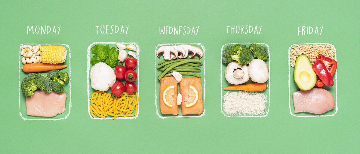 verschiedene Mahlzeitenzutaten für die Wochentage Montag bis Freitag nebeneinandergestellt
