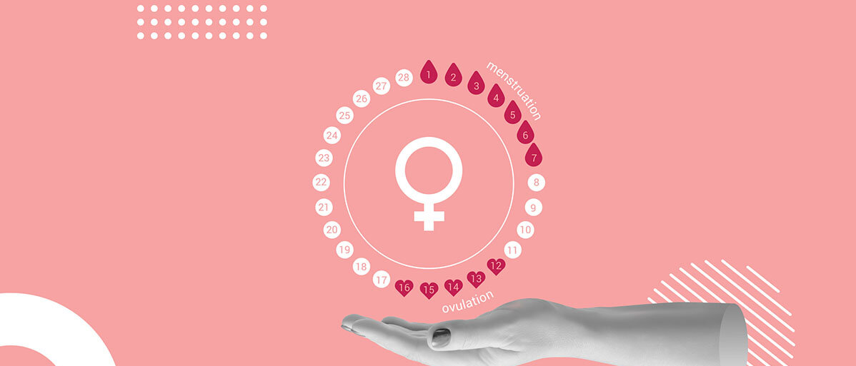 Menstruationszyklus in weiße Punkten und Blutstropfen dargestellt auf rosa Hintergrund gehalten von einer Hand