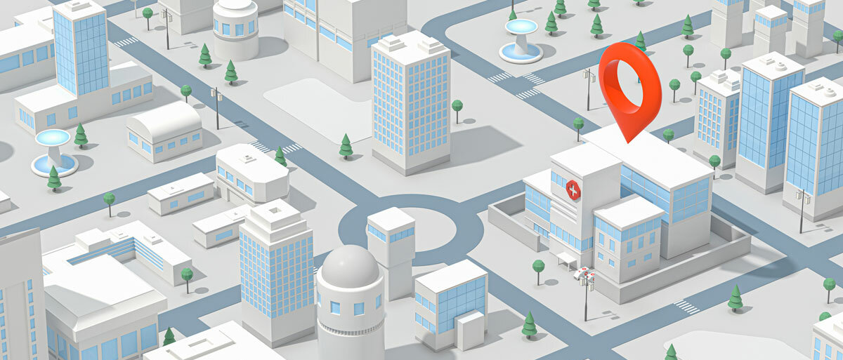 Auf einer illustrierten 3D-Stadtkarte ist das Krankenhaus markiert.