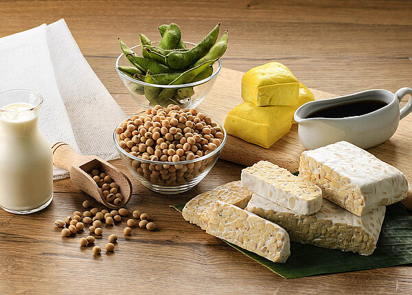 Tofu, Tempeh, Sojasoße, Sojadrink, Edamame und Sojabohnen