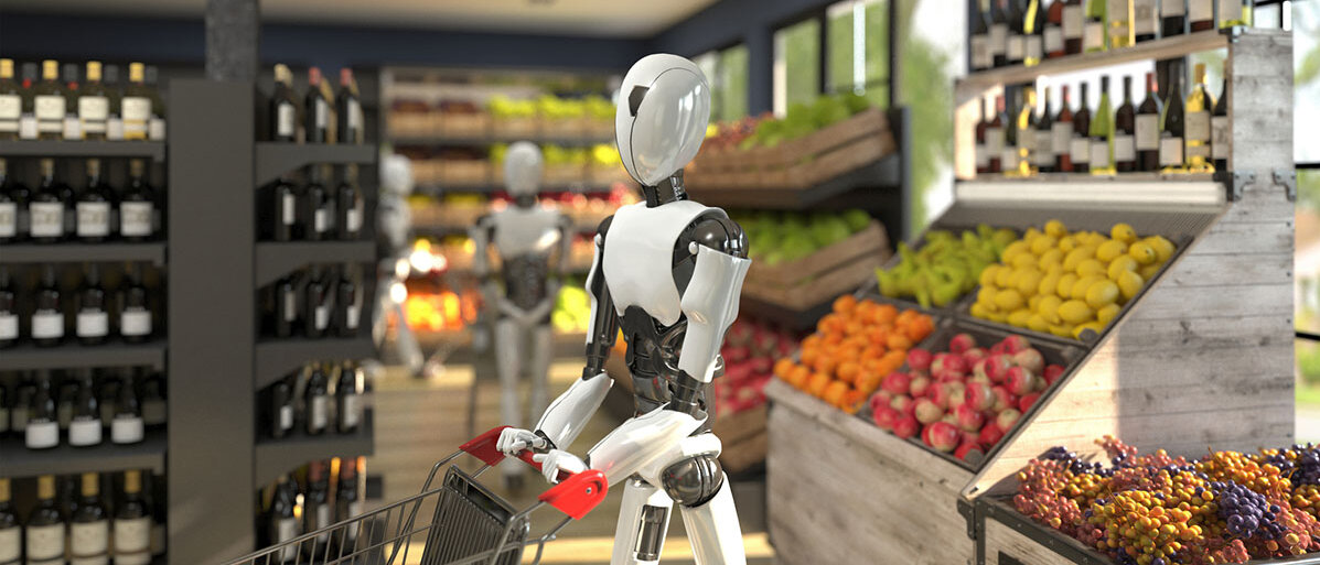Weiße Roboter, die in ihrer Form Menschen ähneln, schieben Einkaufswägen durch einen Supermarkt.