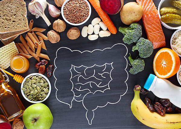 Ballaststoffe in der Ernährung und das Darmmikrobiom: Gesunde Darmbakterien schützen vor Mikroplastik. Flatlay: eine Tafel, auf der ein Darm aufgemalt ist, darum sind verschiedene Ballaststoff-reiche Lebensmittel drapiert.