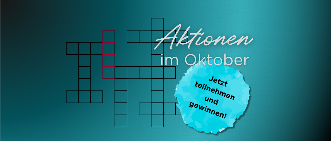 Aktionen und Gewinnspiele für PTA bei DIE PTA IN DER APOTHEKE Schriftzug „Aktionen im Oktober – jetzt teilnehmen und gewinnen!", daneben ist eine Kreuzworträtsel abgebildet.
