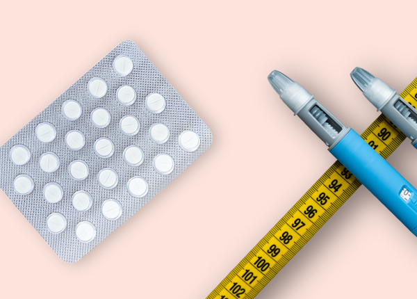 Abnehmspritze und Abnehmpille 2 Abnehmspritzen und Abnehmpillen mit Maßband