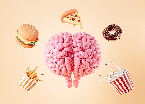 Adipositas verändert das Gehirn so, dass es kein Sättigungsgefühl mehr verspürt, deshalb sollten Therapien sich ändern. Rendering eines Gehirns, das von Pizza, einem Donut, einem Burger, Pommes frites und Popcorn umgeben ist