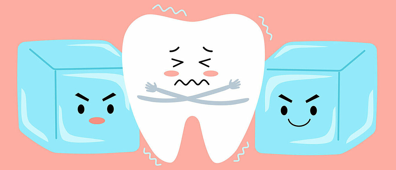 Ein gezeichneter Zahn ist umgeben von zwei Eiswürfeln und friert.