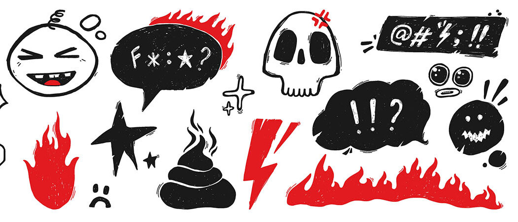 Mehrere schwarze und rote Icons auf weißem Grund, zum Beispiel ein Totenkopf, Ausrufezeichen und Fragezeichen, Flammen, ein Kasten voller Sonderzeichen oder ein Kothaufen.