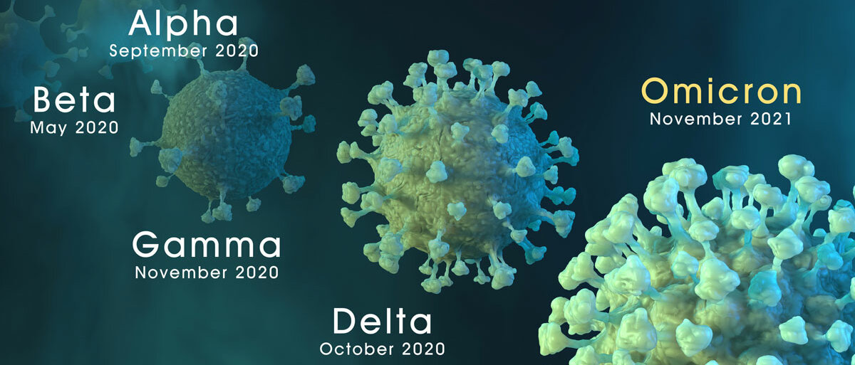 Fünf Coronavirus-Varianten sind abgebildet, im Hintergrund sind sie blass und klein, im Vordergrund groß und deutlich. Die hinteren beiden Viren sind beschriftet mit "Alpha September 2020" und "Beta May 2020", dann kommen "Gamma November 2020", "Delta October 2020" und ganz vorne "Omicron November 2021".