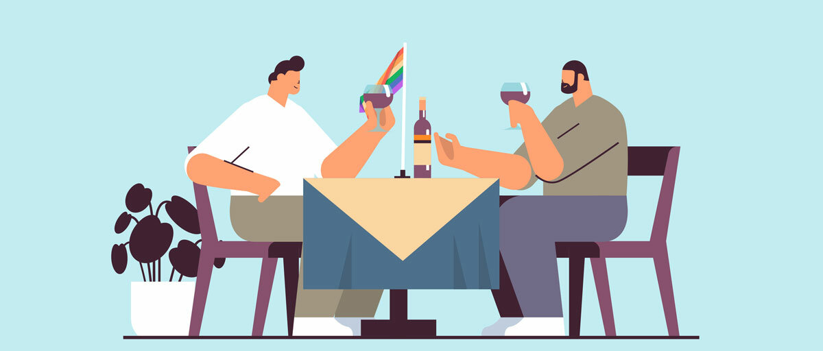 Eine Illustration: Zwei Männer sitzen an hübsch gedeckten Tisch und trinken Wein. Auf dem Tisch steht eine Regenbogenflagge.