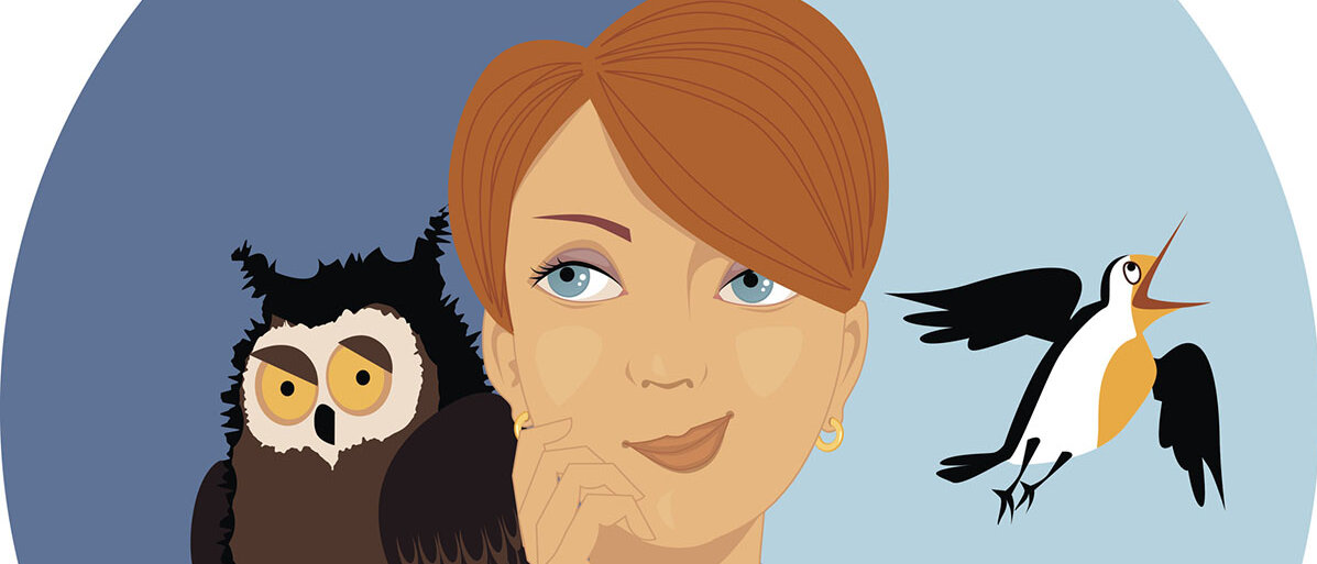 Grafik, Frau in der Mitte, links auf der Schulter sitzt eine Eulre und rechts eine Lerche