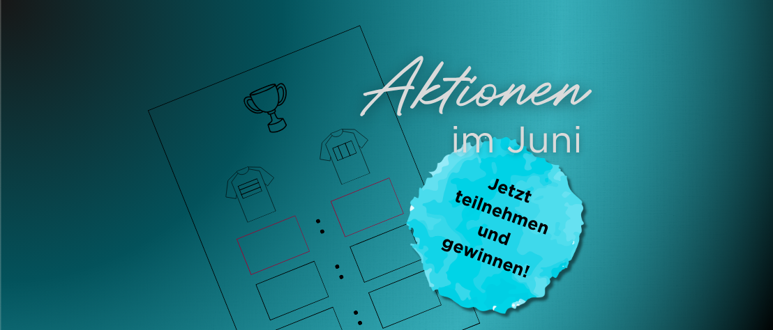 Aktionen und Gewinnspiele für PTA bei DIE PTA IN DER APOTHEKE Schriftzug „Aktionen im Juni – jetzt teilnehmen und gewinnen!“, daneben ist ein Bogen für ein Fußball-Tippspiel.