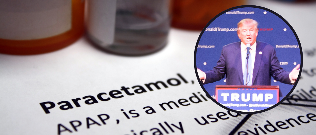 Hinweis zu Paracetamol, darüber Bild von Trump als Einblendung