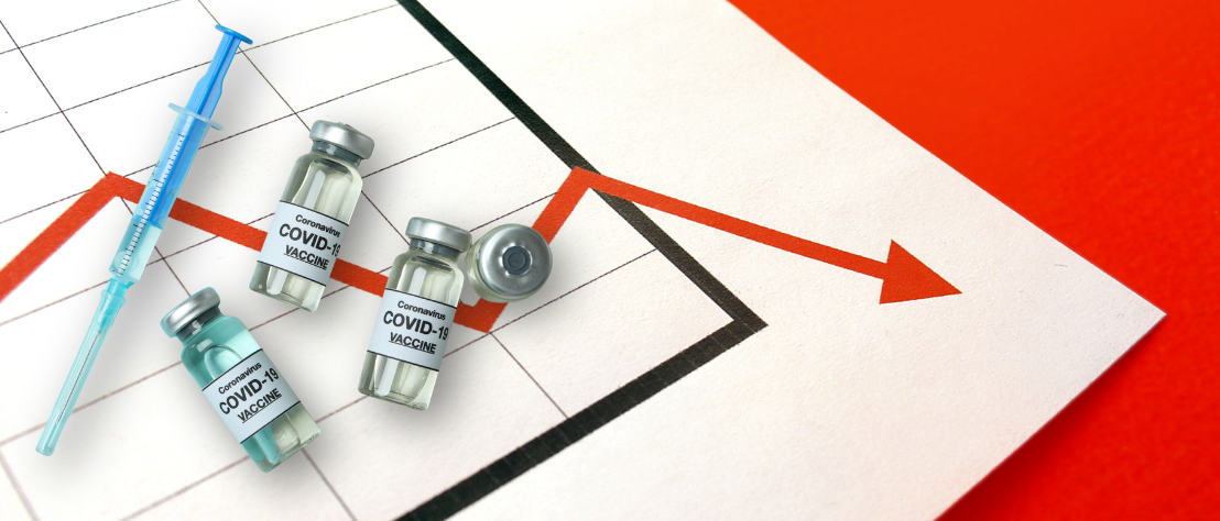 negative Biland mit abfallendem rotem Pfeil und 4 Covid-Impfstoff-Ampullen und Spritze