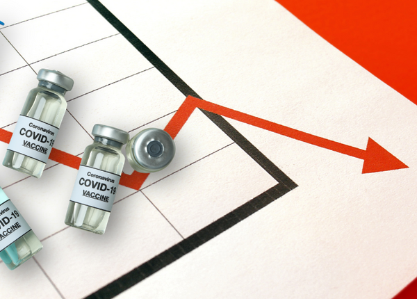 Biontech macht Verlust negative Biland mit abfallendem rotem Pfeil und 4 Covid-Impfstoff-Ampullen und Spritze