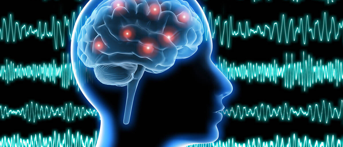Illustration eines Kopfes mit Gehirn: An verschiedenen Stellen des Hirns leuchten rote Punkte auf. Im Hintergrund sind verschiedene Arten von Wellen- und Zackenmustern.