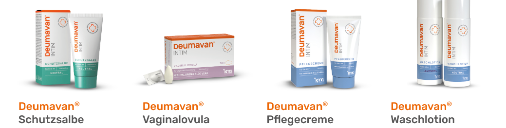 Packshots Deumavan Schutzsalbe, Vaginalovula, Pflegecreme und Waschlotion