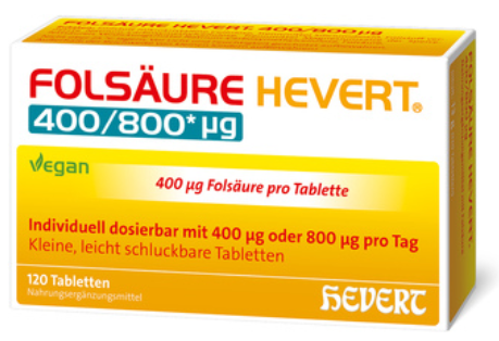 Packshot Folsäure Hevert 400/800 μg