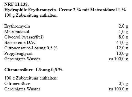 Zusammensetzung von NRF 11.138: Außer Basiscreme enthält die Grundlage auch wasserfreies Glycerol, Citonensäure-Lösung 0,5%, Propylenglycol und gereinigtes Wasser.