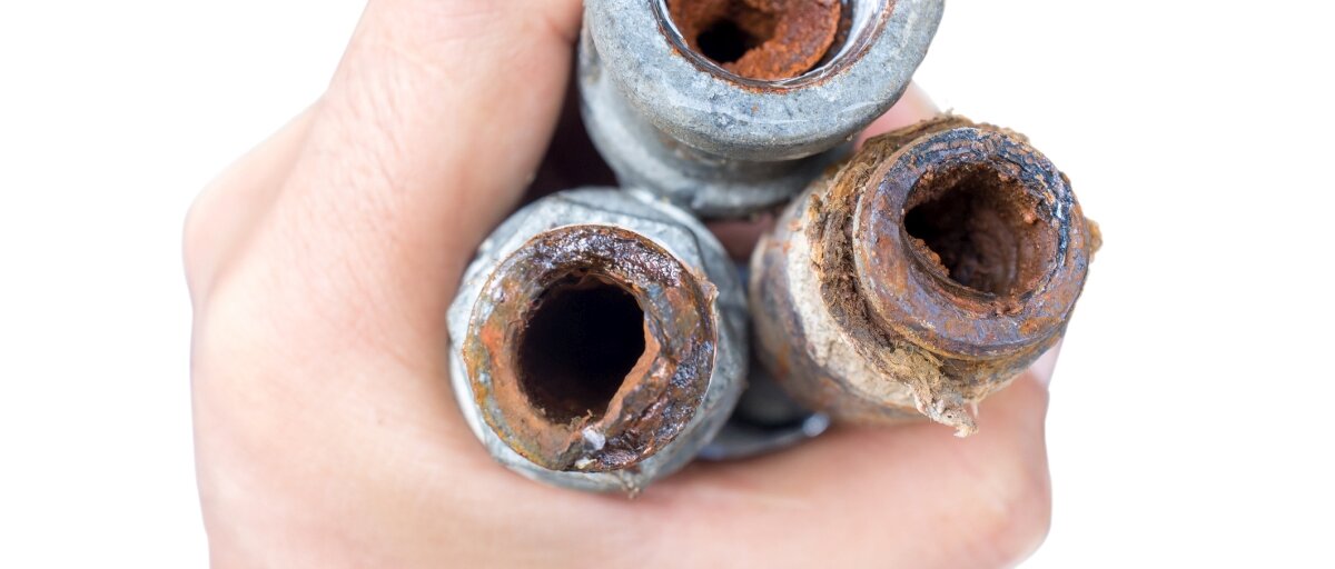 Eine Hand hält drei Metallrohre. Sie sind innen durch Rost und Kalk zugesetzt.