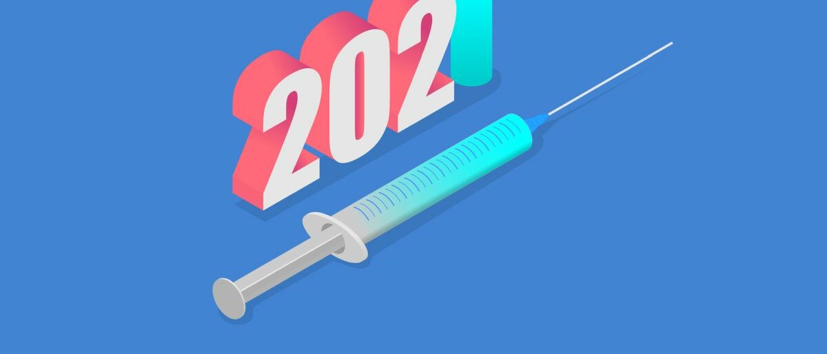 2021 Grafische Darstellung der Zahl 2021 und einer Spritze vor blauem Hintergrund.