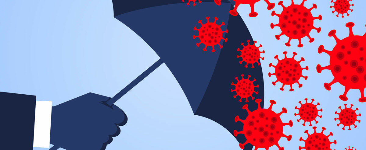 eine Comicfigur hält einen Schirm vor lauter Coronaviren
