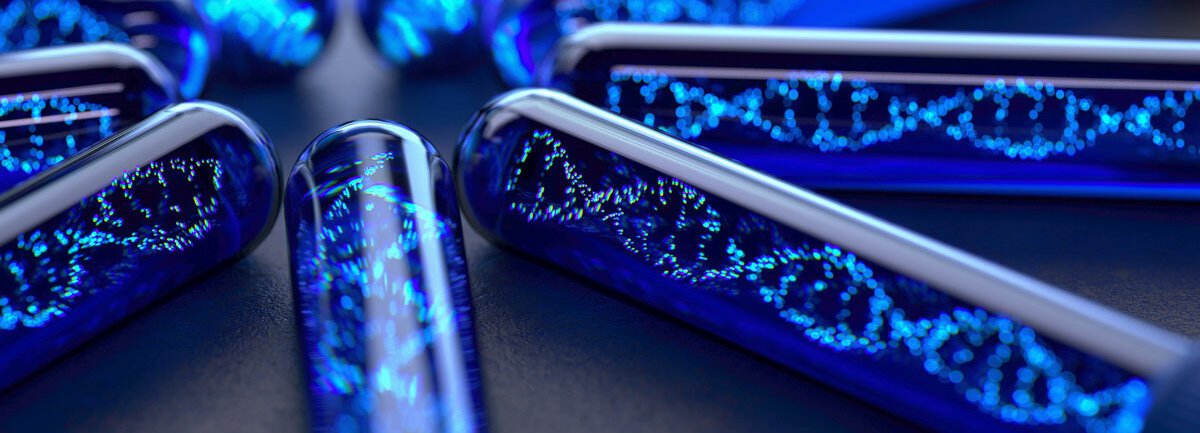 strahlenförmig angeordnete Reagenzgläser mit blauem Inhalt