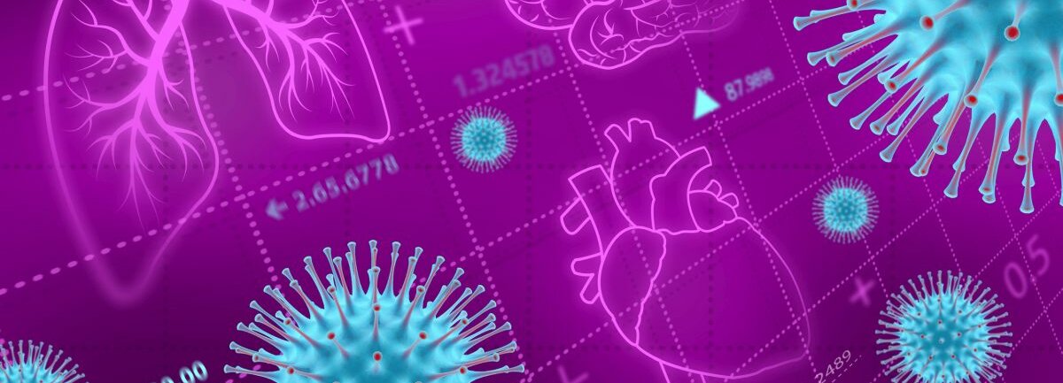 Grafische Lunge und grafisches Herz sowie Gehirn und das Coronavirus.