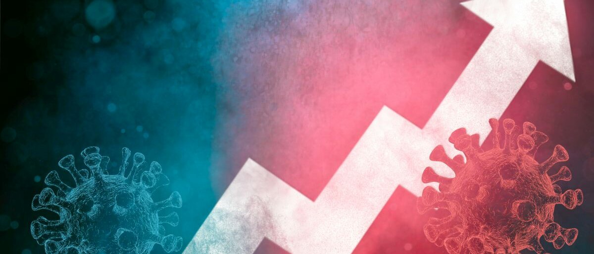 Ein grafisches Bild mit Coronaviren und einem Pfeil nach oben.