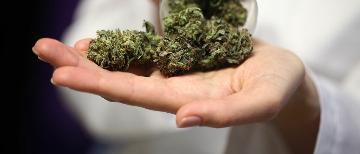 Eine Person in weißem Kittel schüttet sich aus einem Kunststoffgefäß heraus Cannabisblüten auf die Handfläche.