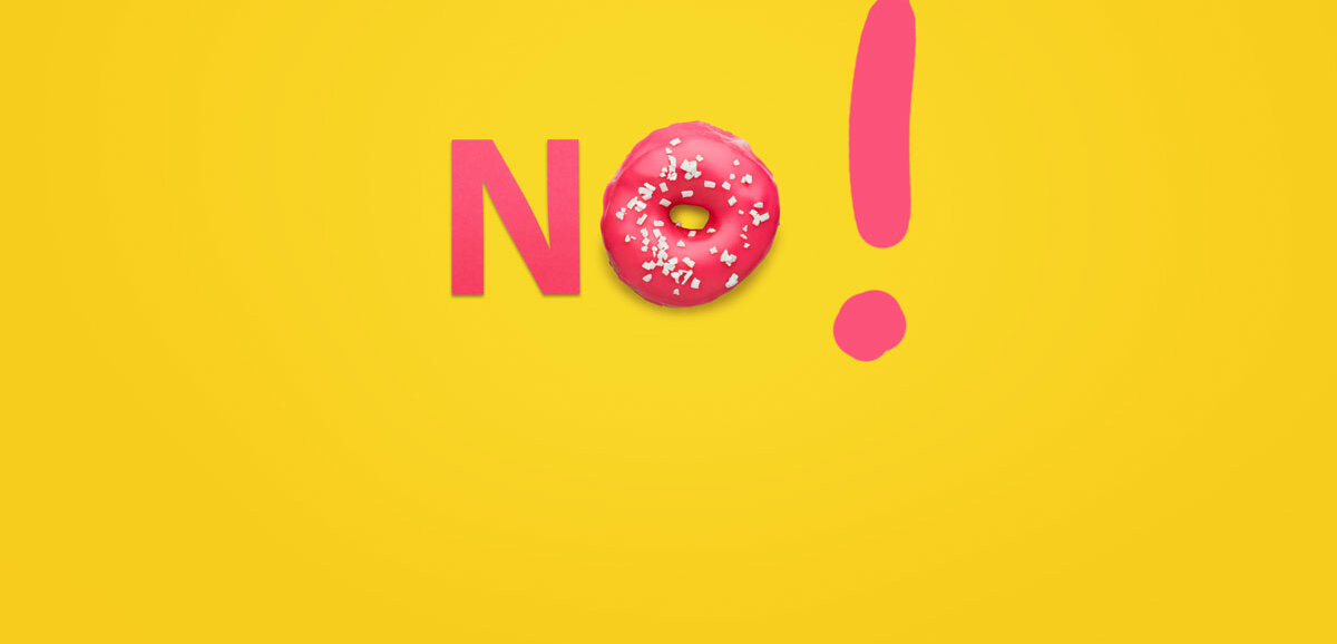 Das Wort No mit Ausrufezeichen, das "O" besteht aus einem Doughnut